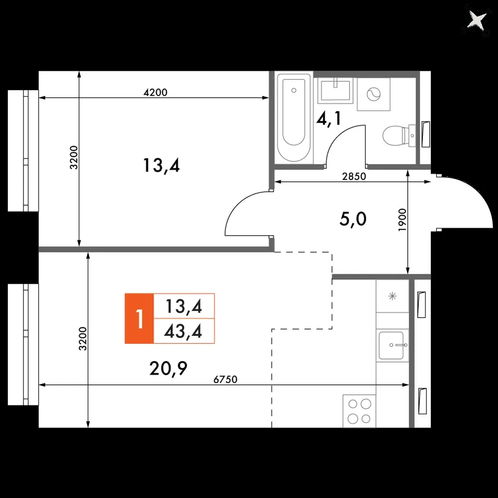 2-комнатная, 43,4 м² — 12 455 290 ₽