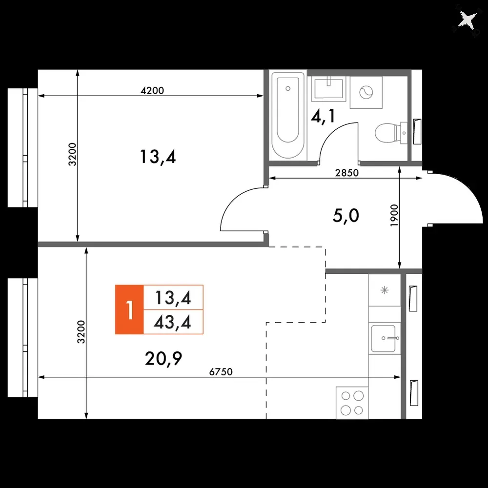 2-комнатная, 43,4 м² — 12 722 634 ₽