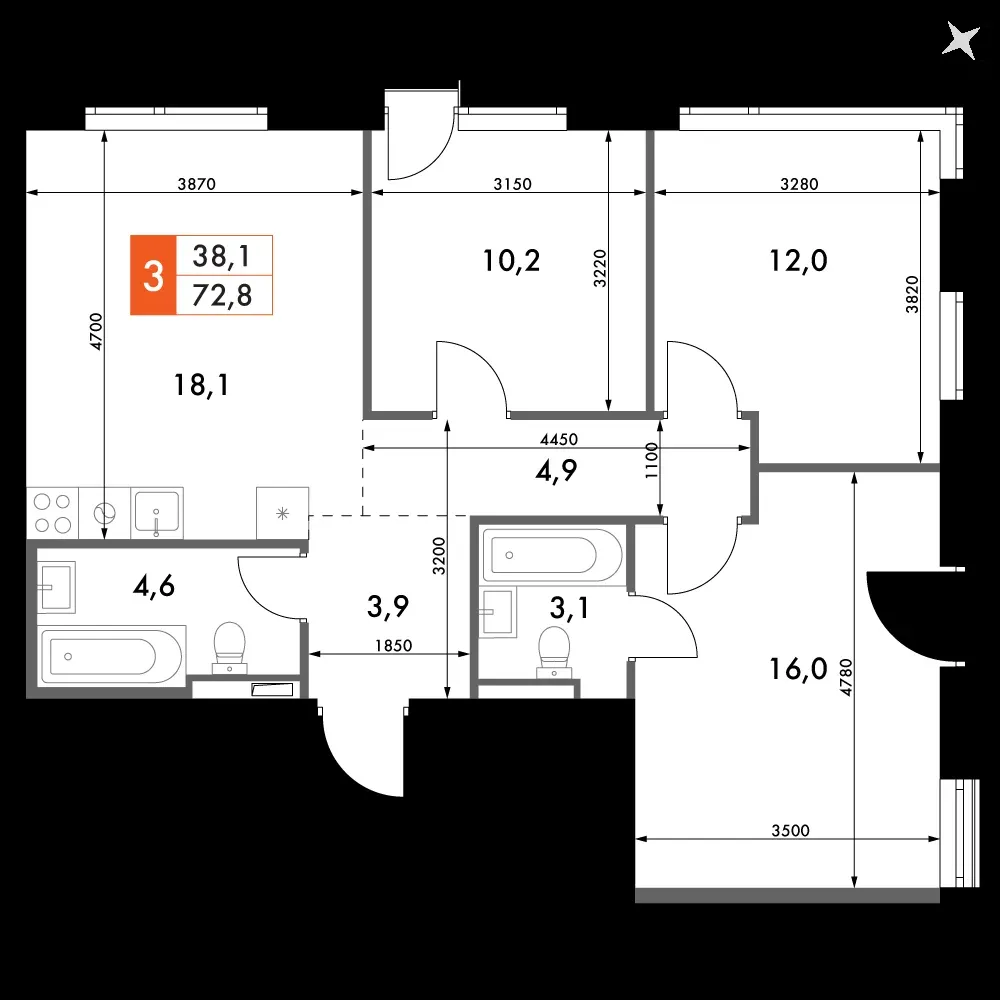 3-комнатная, 72,8 м² — 18 275 945 ₽