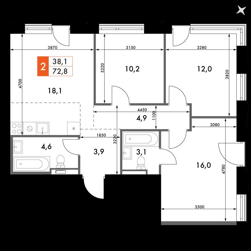 3-комнатная, 72,8 м² — 18 622 330 ₽
