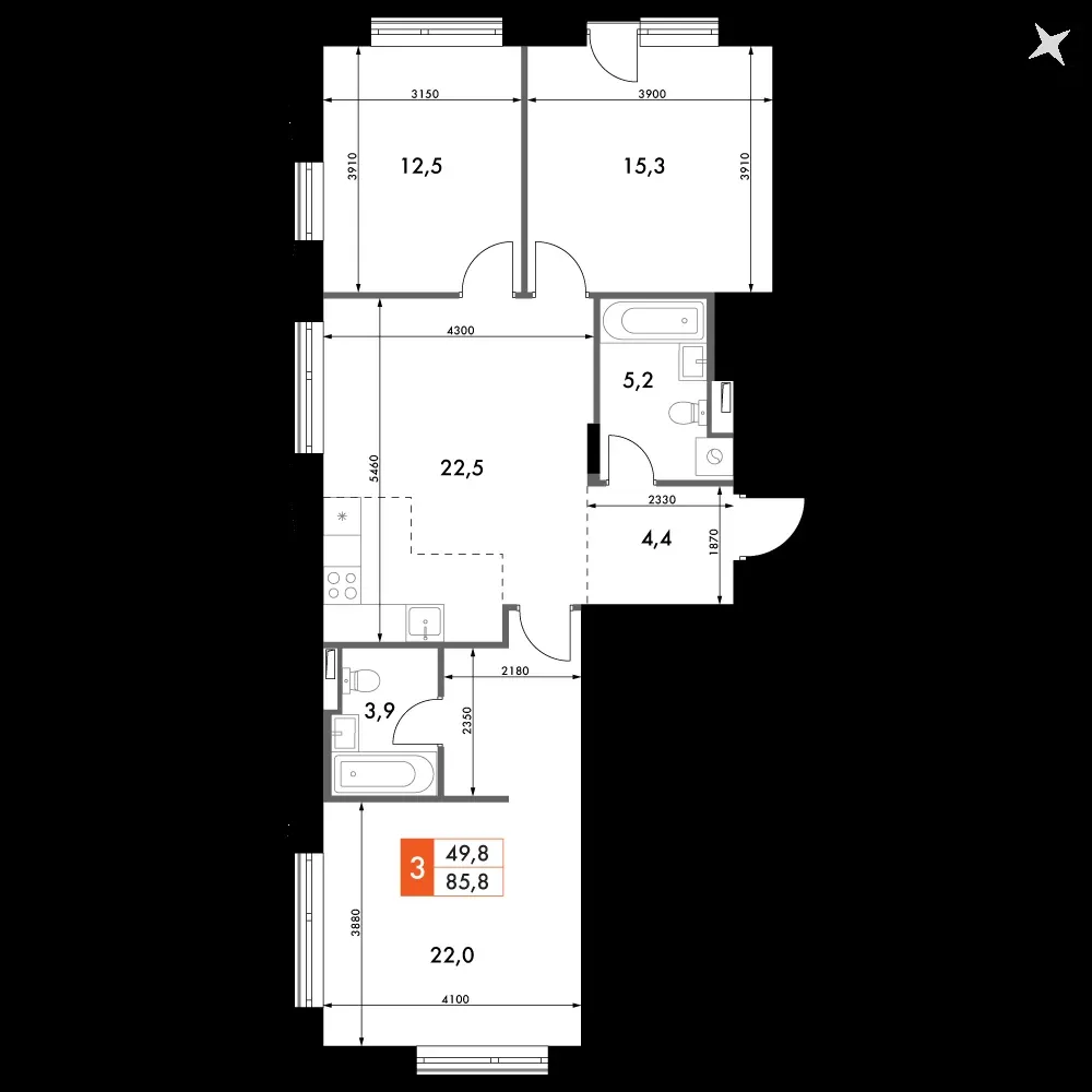 3-комнатная, 85,8 м² — 21 877 206 ₽