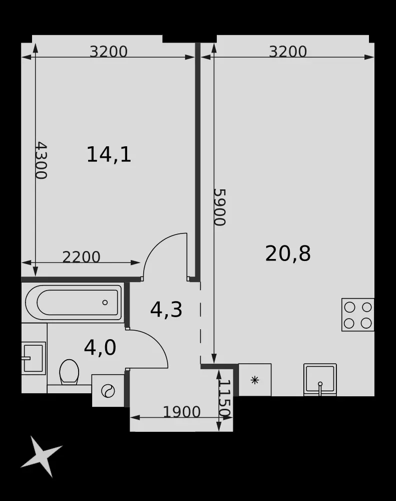1-комнатная, 43,2 м² — 29 365 200 ₽