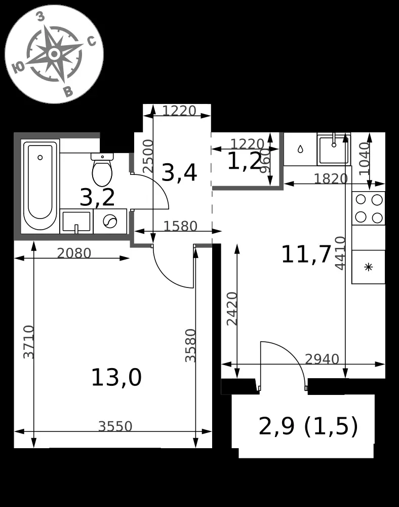 1-комнатная, 34 м² — 11 128 880 ₽