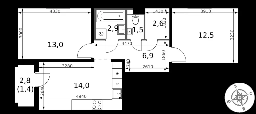 2-комнатная, 54,8 м² — 15 703 050 ₽