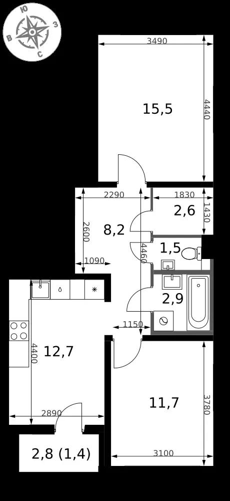 2-комнатная, 56,5 м² — 13 836 963 ₽
