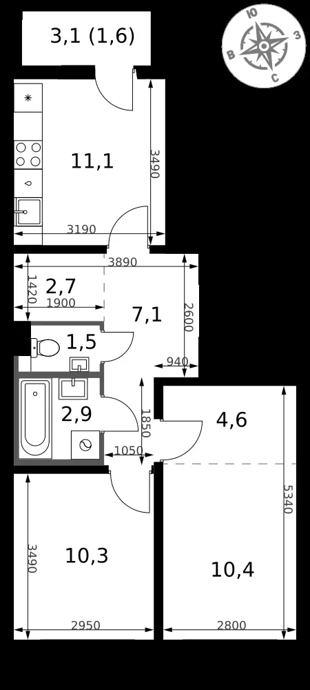 2-комнатная, 52,2 м² — 13 740 502 ₽