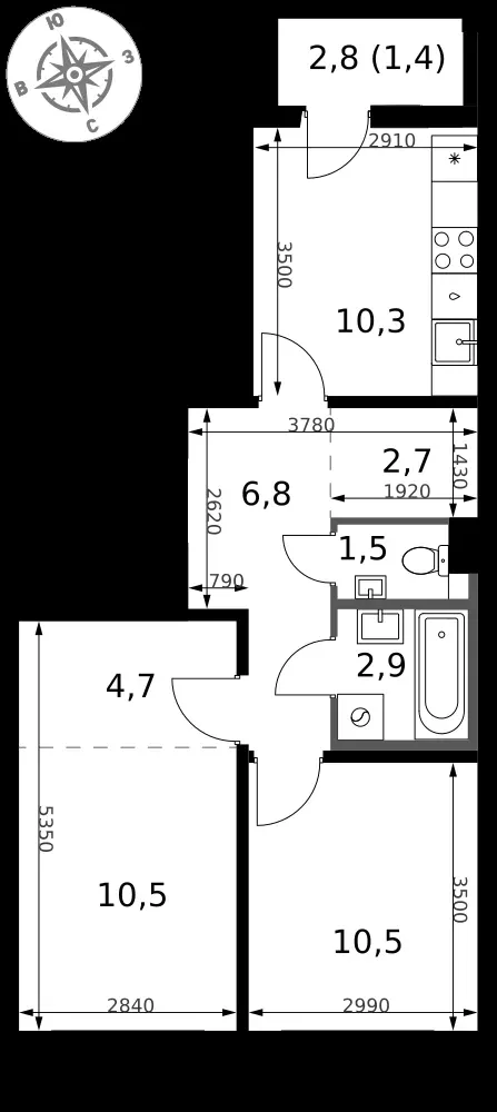 2-комнатная, 51,3 м² — 13 747 425 ₽