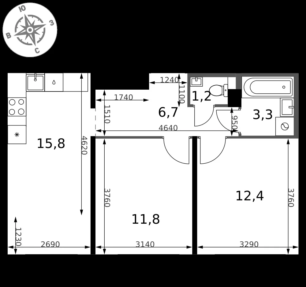 2-комнатная, 51,2 м² — 13 595 187 ₽