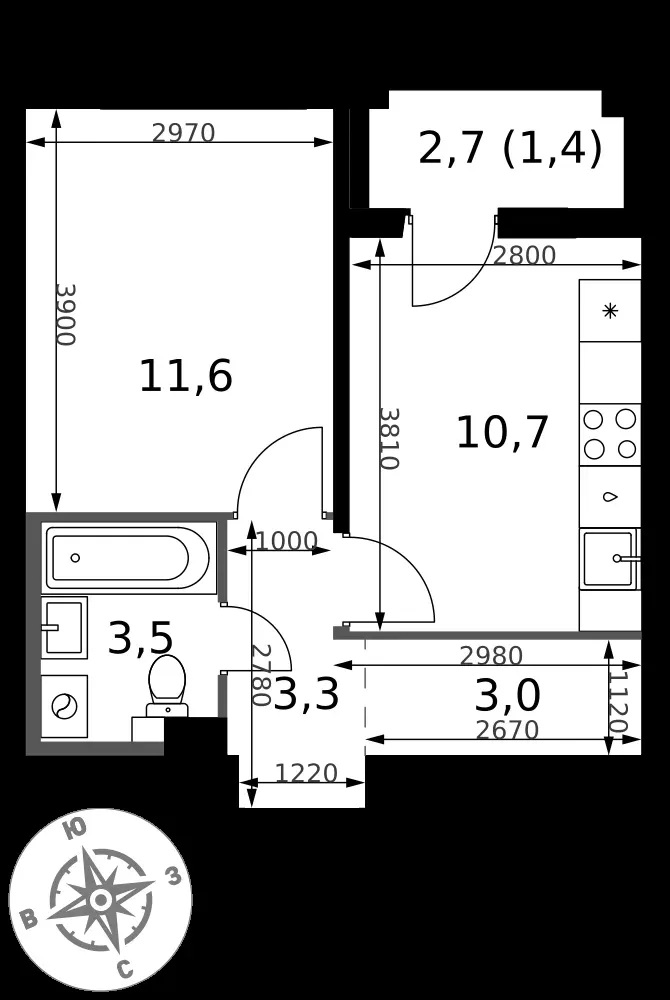 1-комнатная, 33,5 м² — 9 863 774 ₽