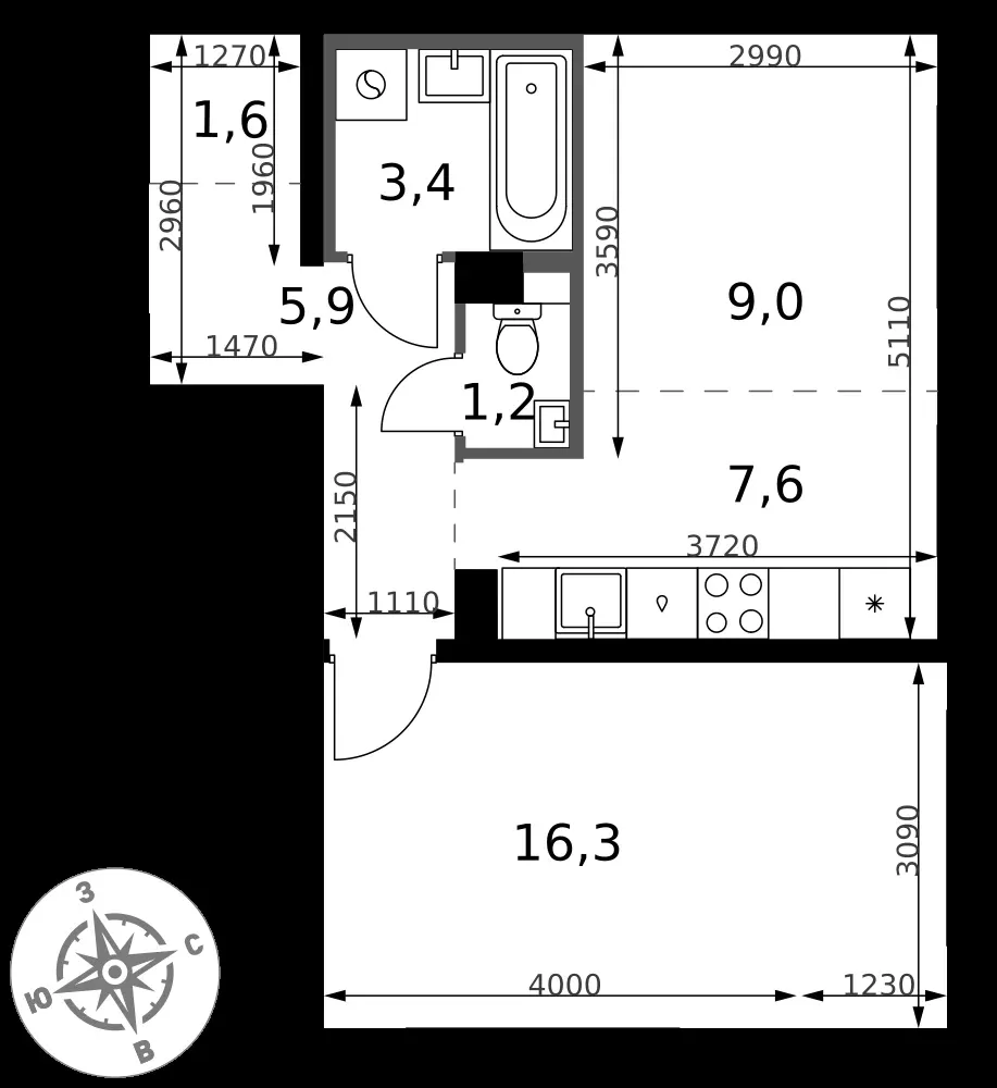 2-комнатная, 45 м² — 11 787 930 ₽