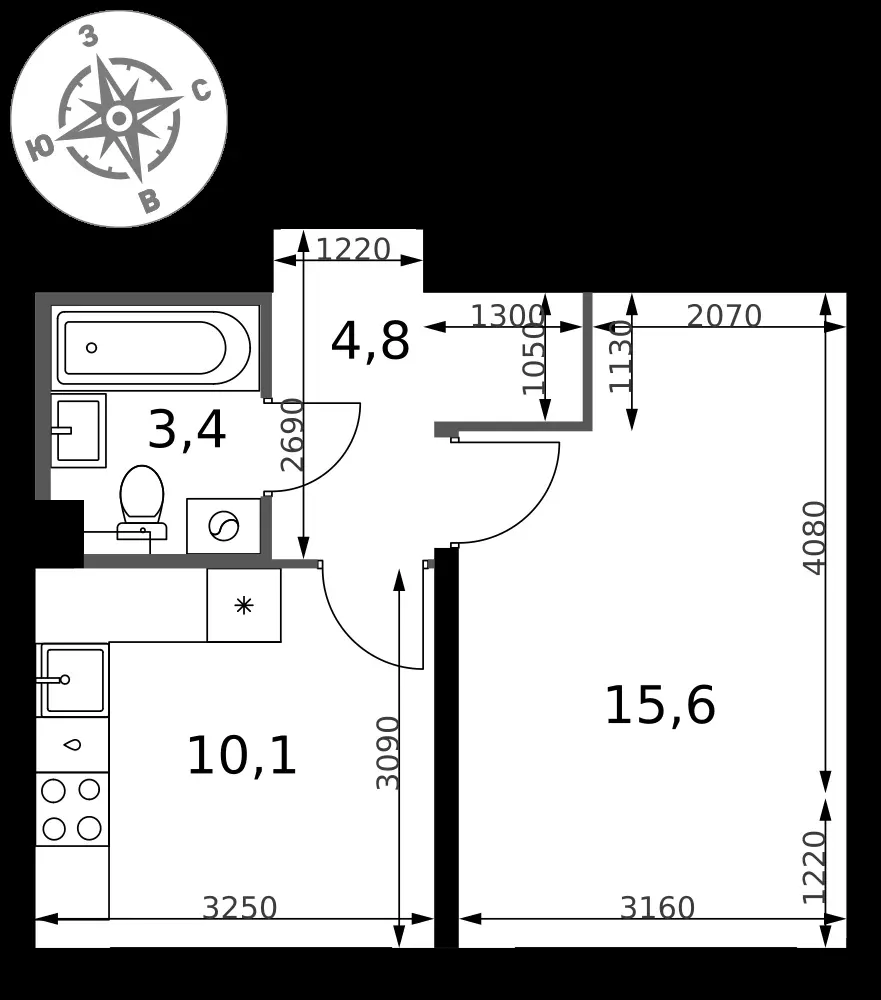 1-комнатная, 33,9 м² — 9 690 857 ₽