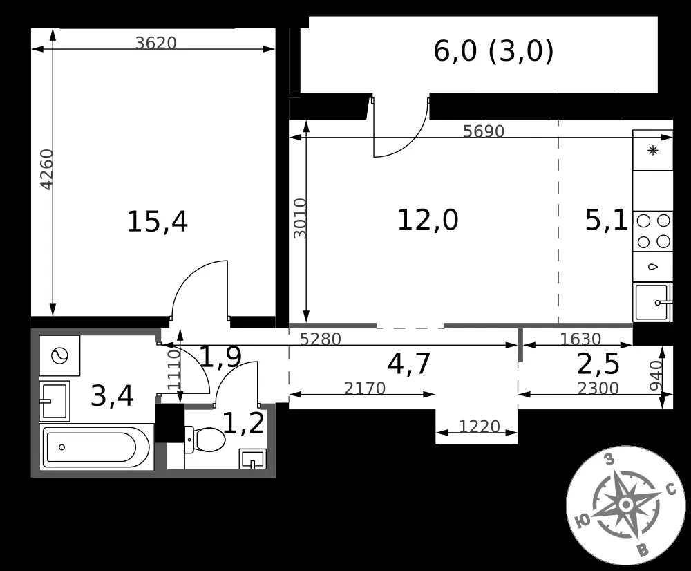 2-комнатная, 49,2 м² — 12 786 883 ₽