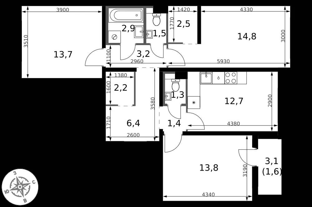 3-комнатная, 78 м² — 16 969 680 ₽