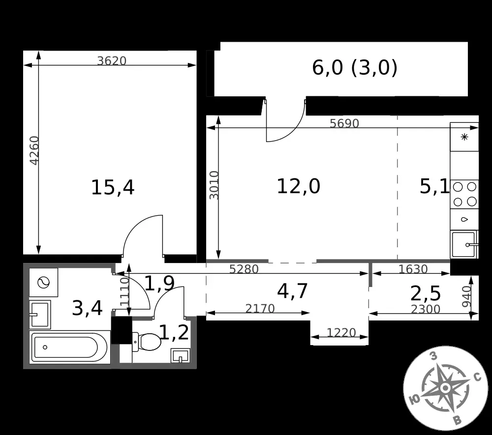 2-комнатная, 49,2 м² — 12 825 456 ₽