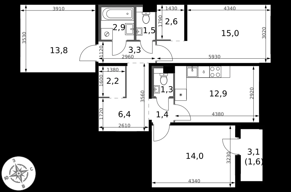 3-комнатная, 78,9 м² — 17 358 789 ₽
