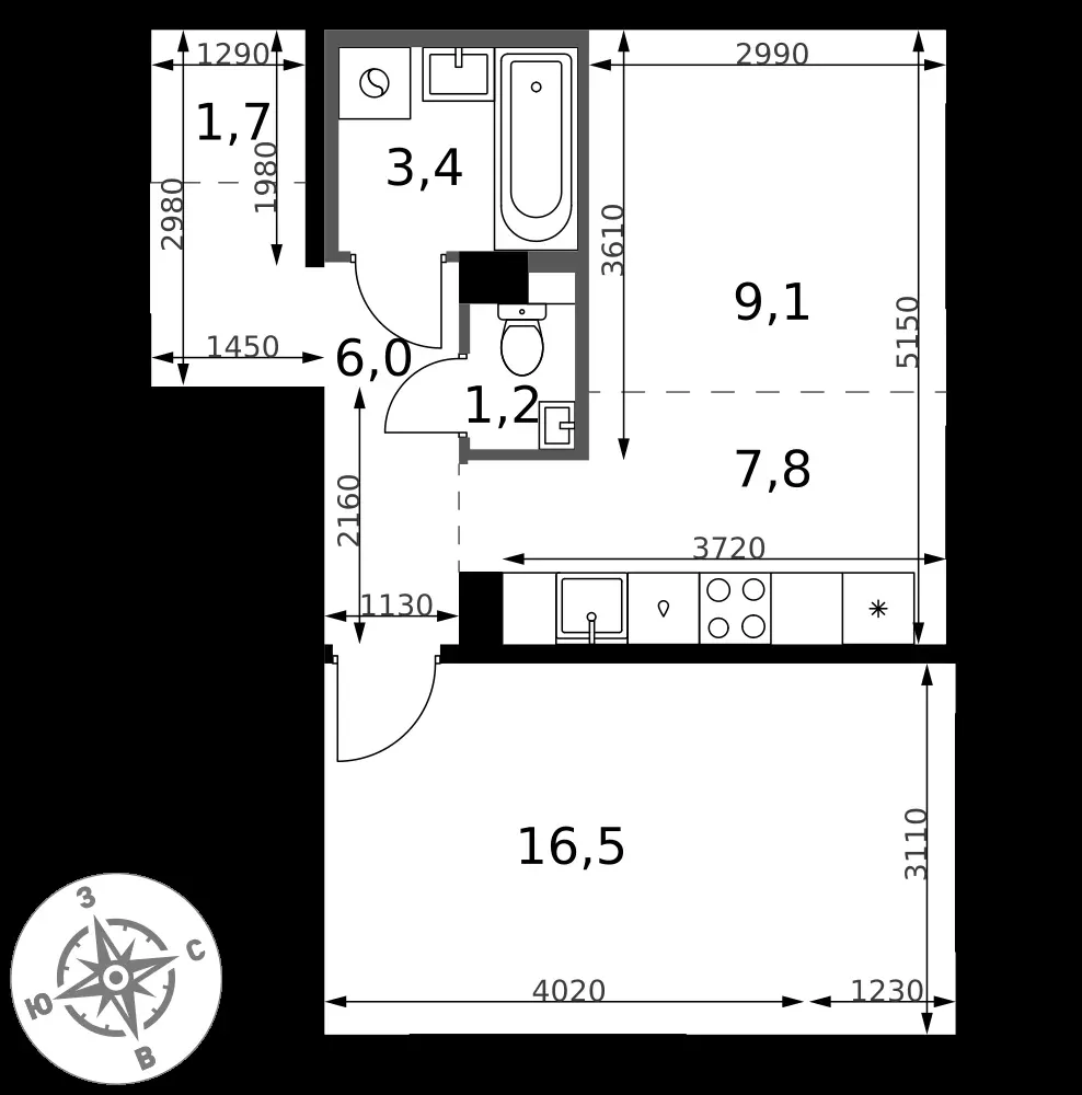 2-комнатная, 45,7 м² — 12 128 049 ₽