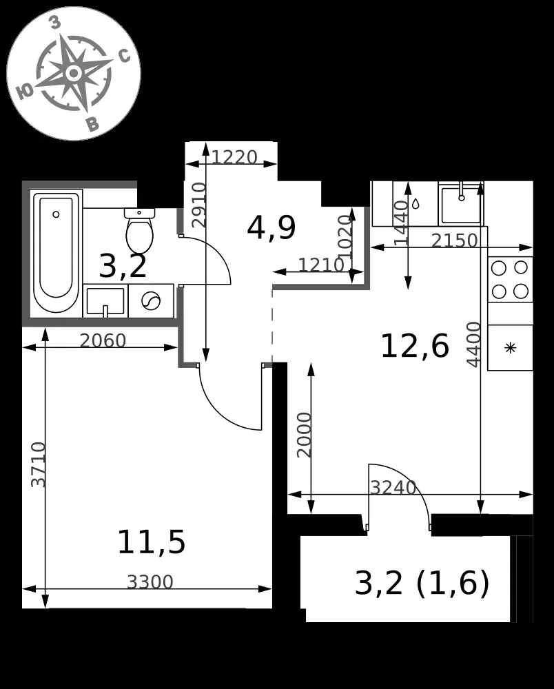 1-комнатная, 33,8 м² — 9 711 957 ₽