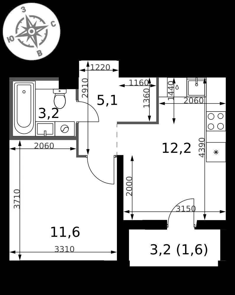1-комнатная, 33,7 м² — 9 666 710 ₽