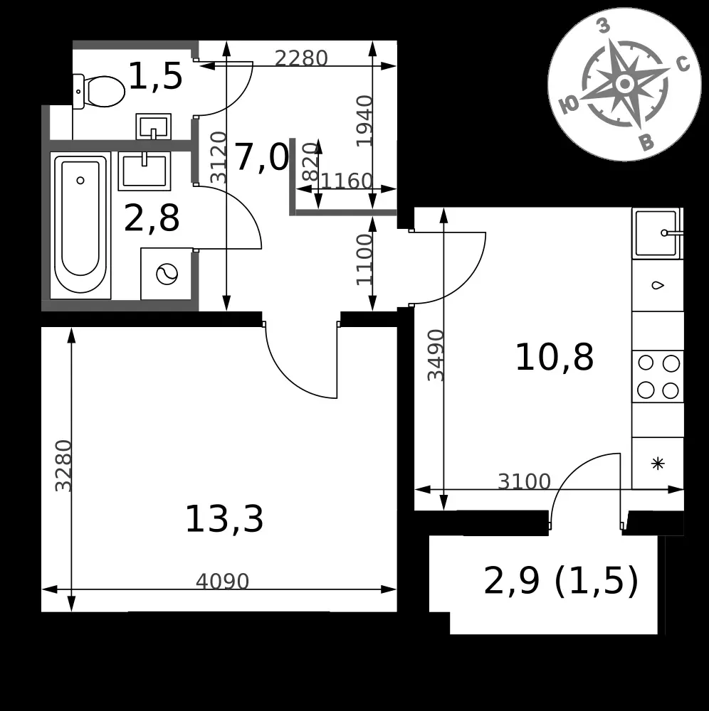 1-комнатная, 36,9 м² — 10 165 138 ₽