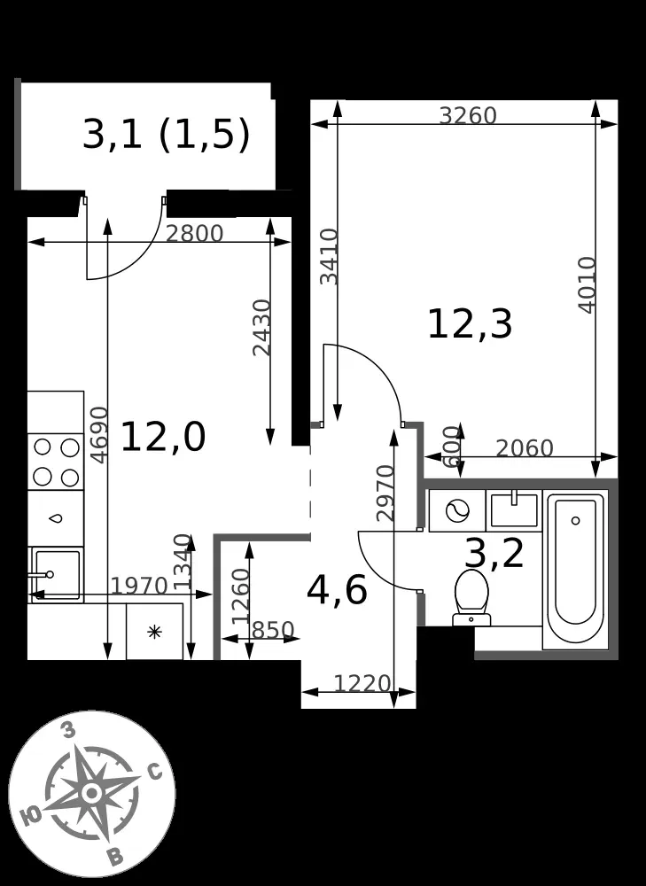 1-комнатная, 33,6 м² — 9 588 634 ₽