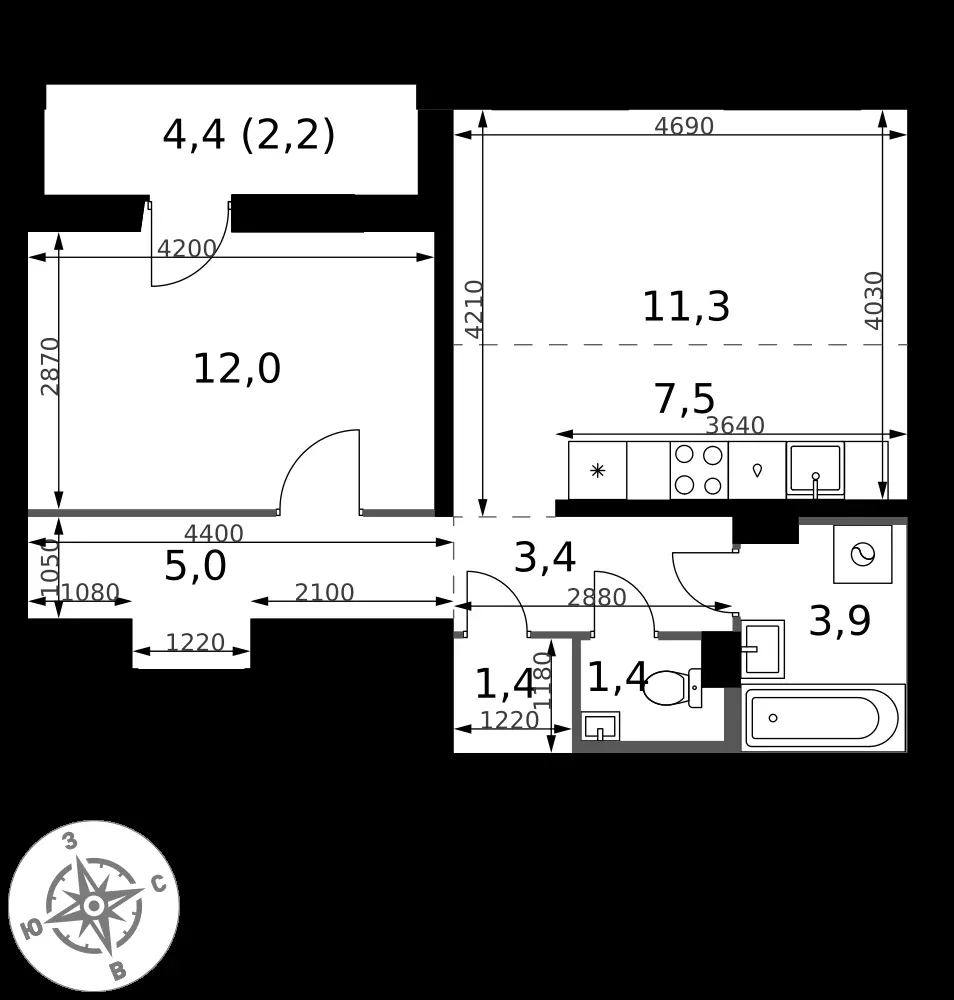 2-комнатная, 48,1 м² — 12 524 567 ₽