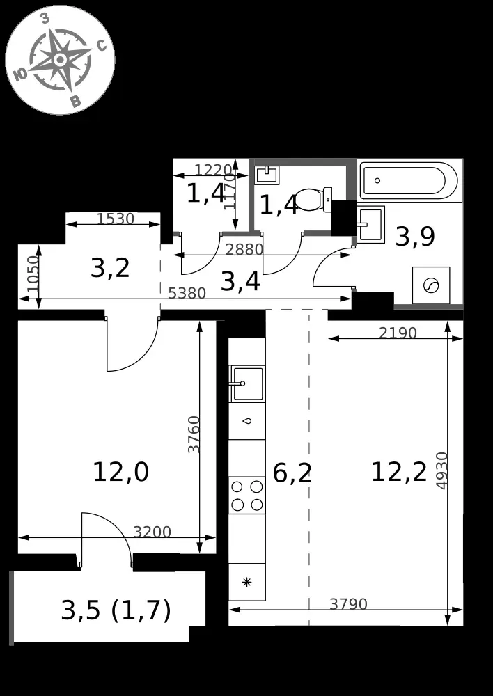 2-комнатная, 45,4 м² — 11 981 696 ₽