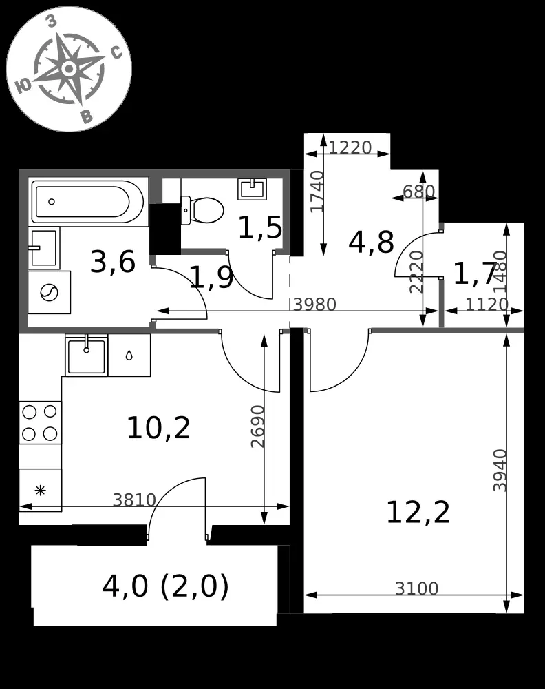 1-комнатная, 37,9 м² — 10 329 190 ₽
