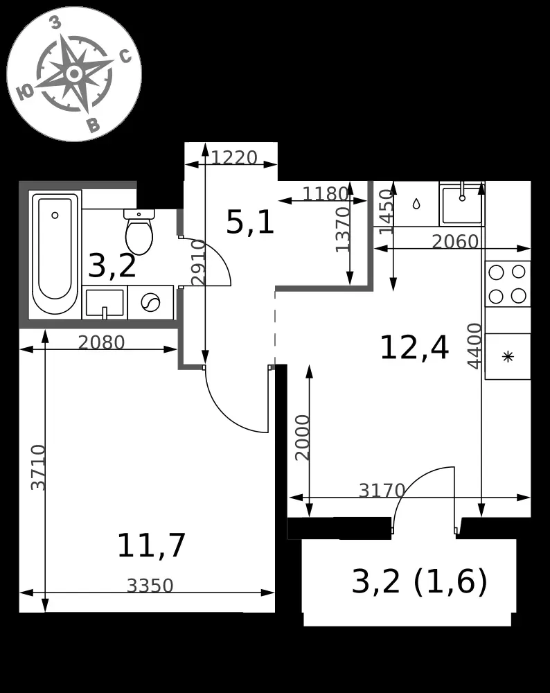1-комнатная, 34 м² — 9 836 064 ₽