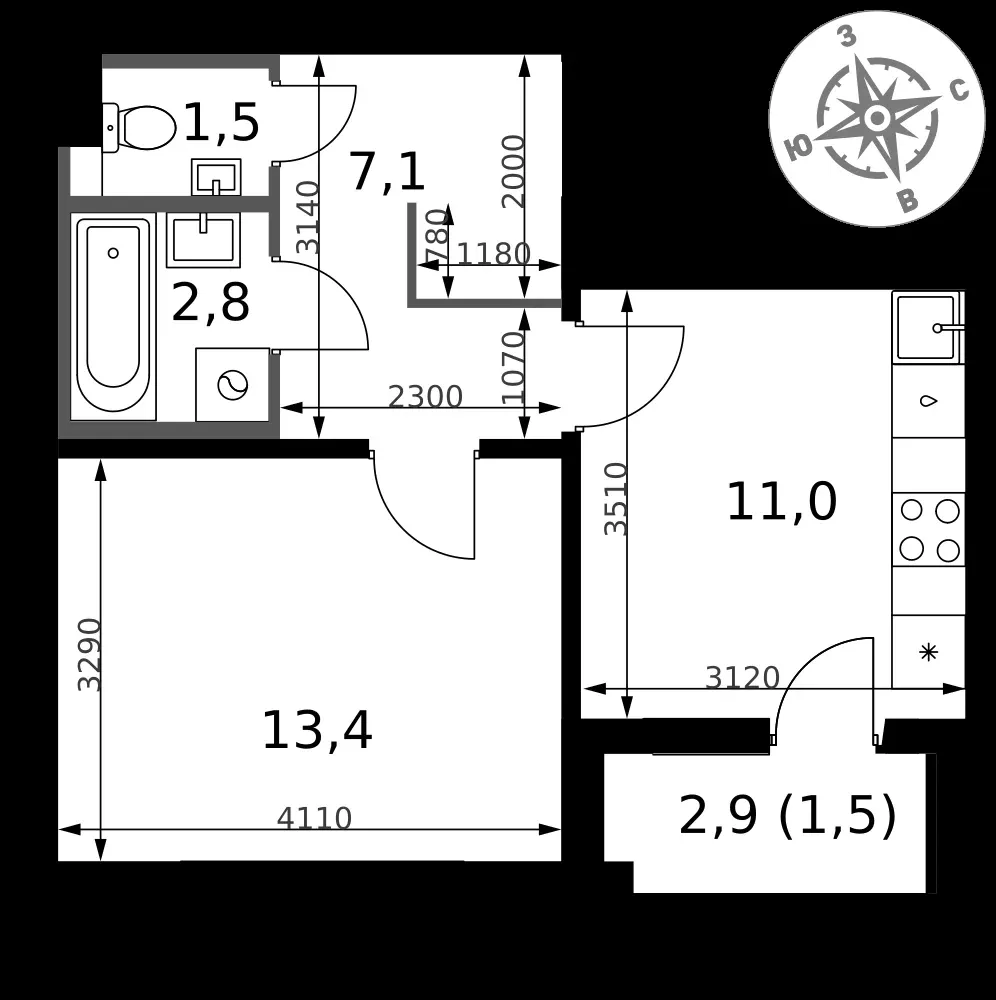 1-комнатная, 37,3 м² — 10 366 714 ₽