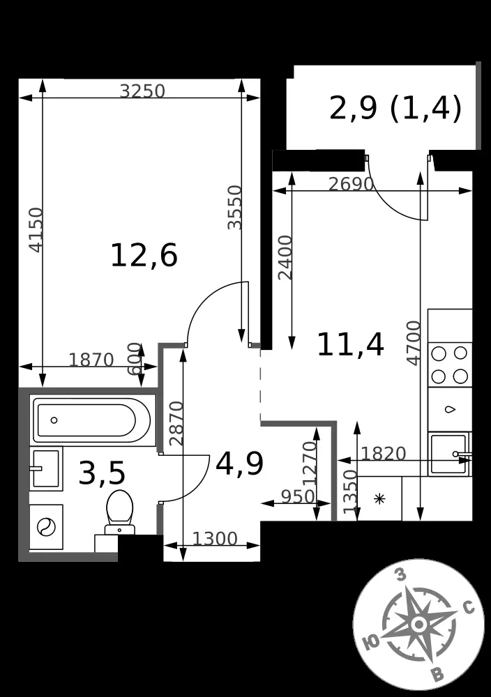 1-комнатная, 33,8 м² — 9 728 519 ₽