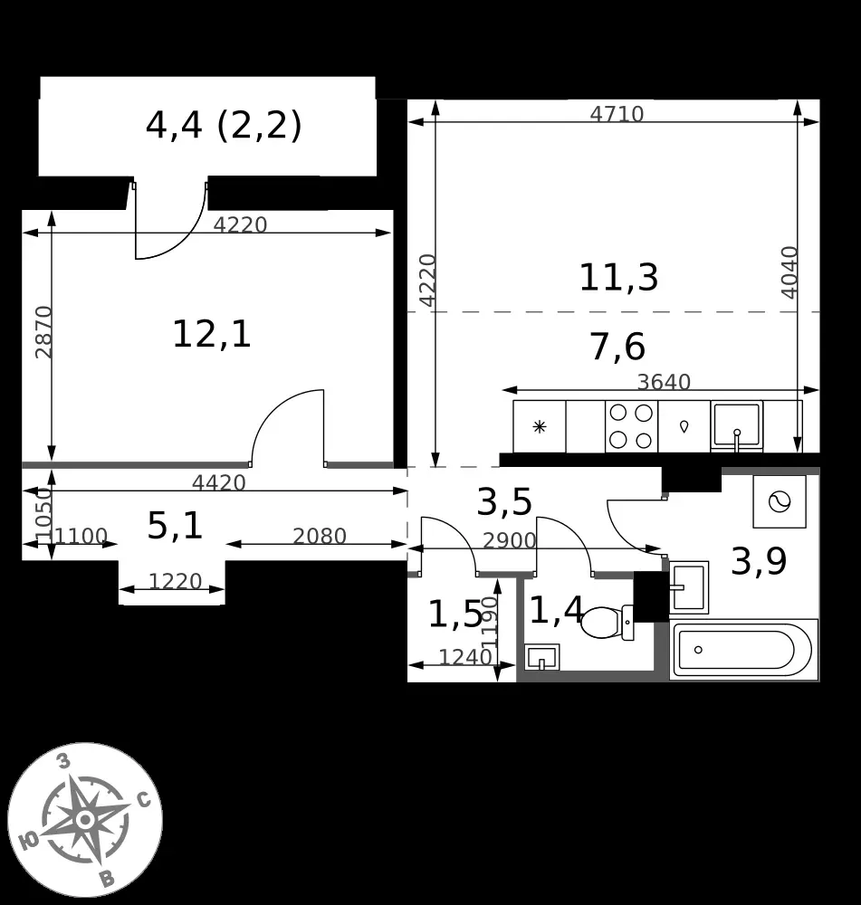 2-комнатная, 48,6 м² — 12 750 016 ₽