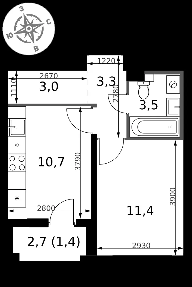 1-комнатная, 33,3 м² — 9 568 289 ₽