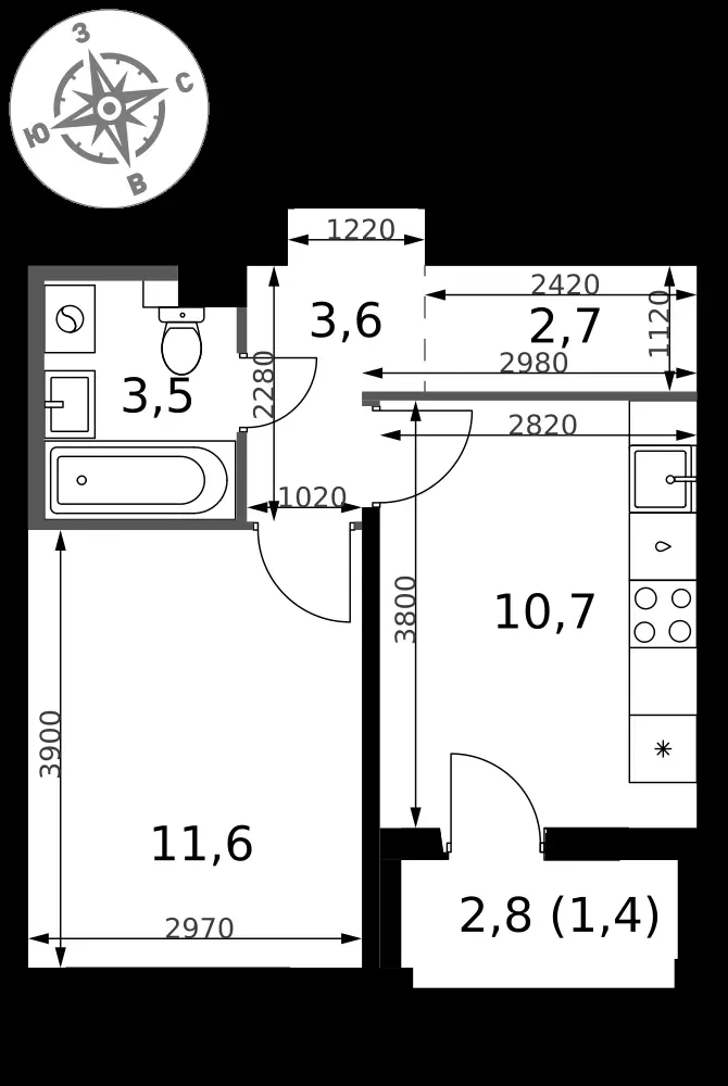 1-комнатная, 33,5 м² — 9 675 001 ₽