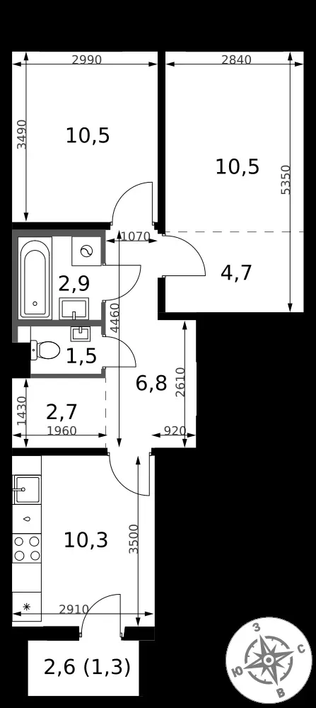 2-комнатная, 51,2 м² — 13 281 587 ₽