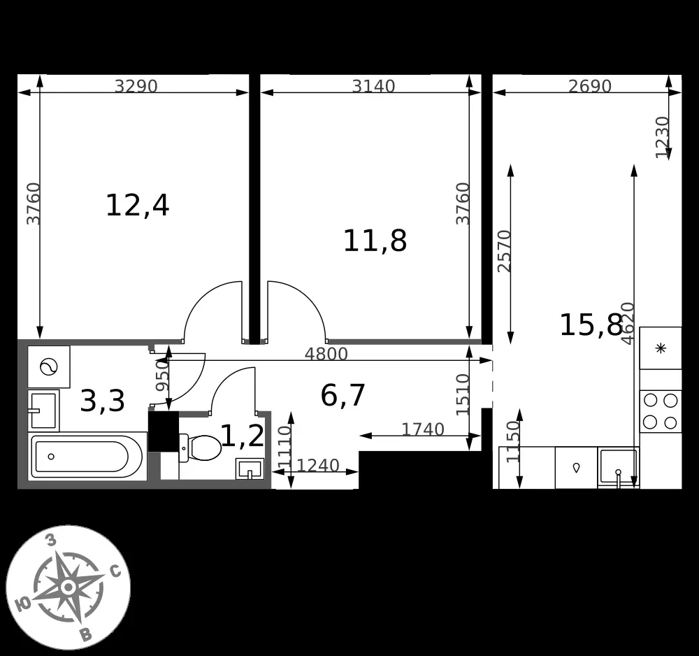 2-комнатная, 51,2 м² — 13 231 411 ₽
