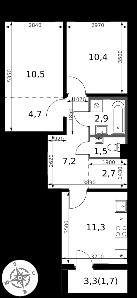 2-комнатная, 52,9 м² — 13 618 893 ₽