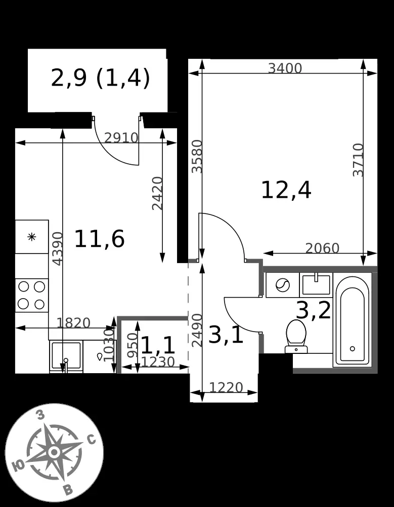 1-комнатная, 32,8 м² — 10 610 734 ₽