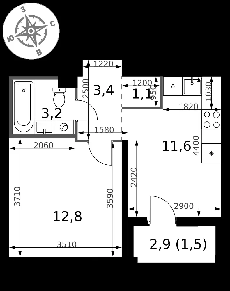 1-комнатная, 33,6 м² — 10 922 218 ₽