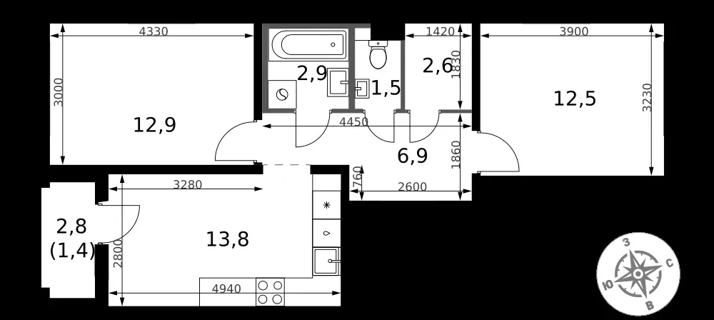 2-комнатная, 54,5 м² — 15 574 356 ₽