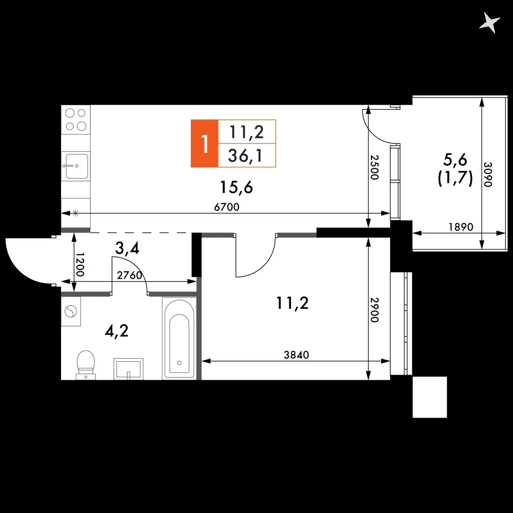 1-комнатная, 36,1 м² — 5 292 621 ₽