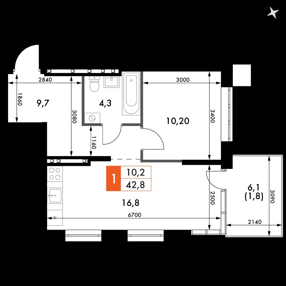 1-комнатная, 42,8 м² — 6 170 789 ₽