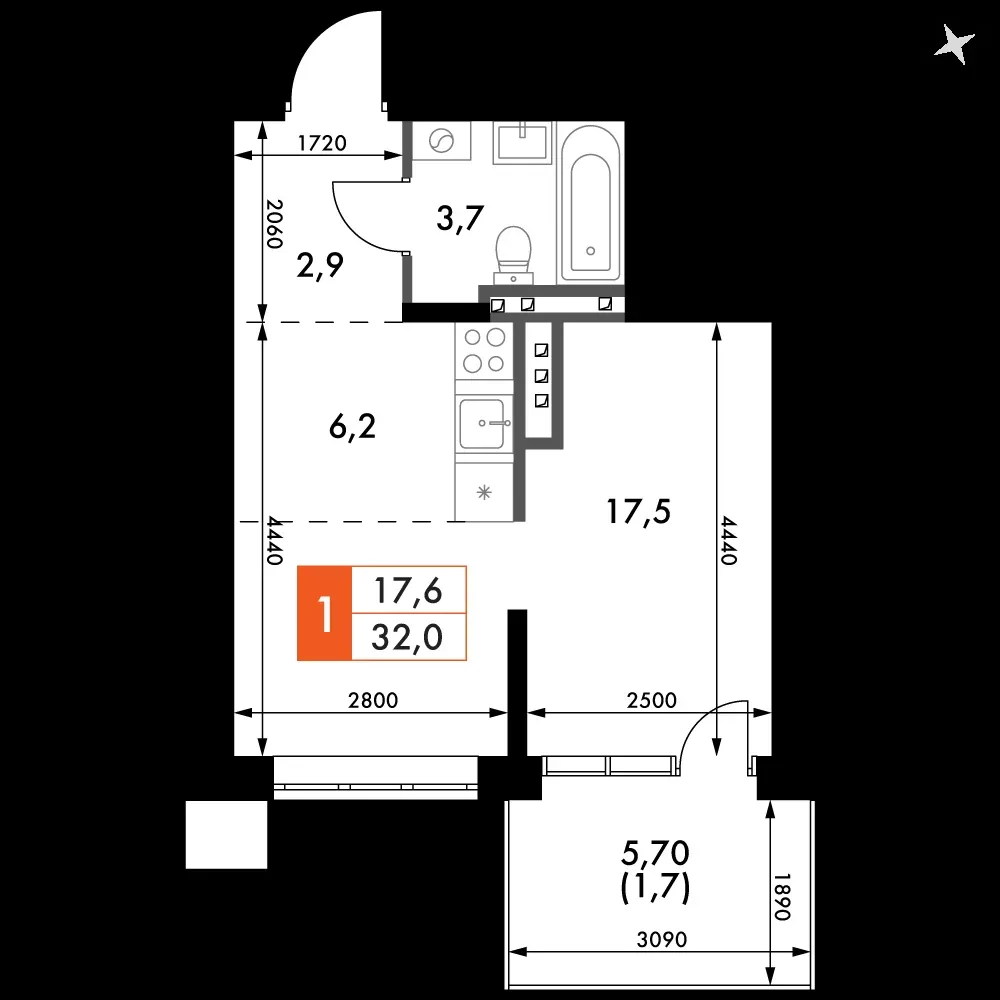 1-комнатная, 32 м² — 4 999 738 ₽