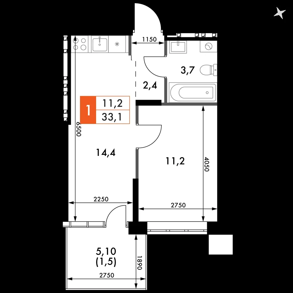 1-комнатная, 33,1 м² — 5 078 599 ₽