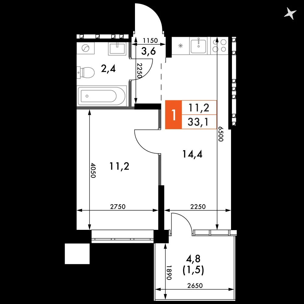 1-комнатная, 33,1 м² — 5 078 599 ₽
