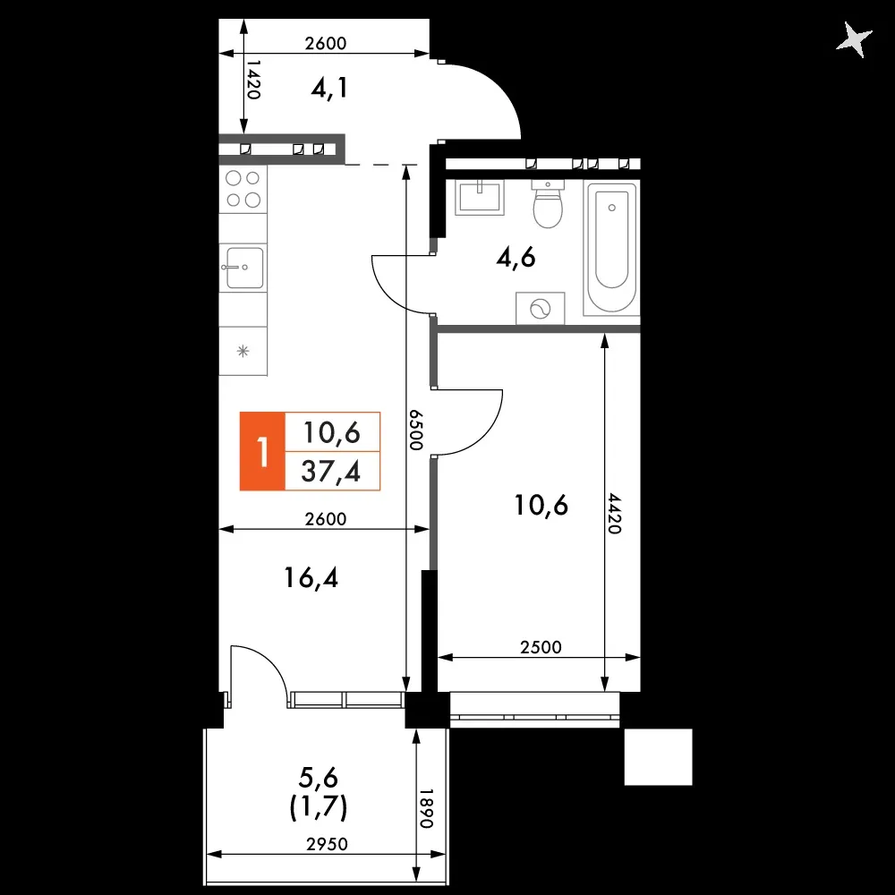 1-комнатная, 37,4 м² — 5 598 264 ₽