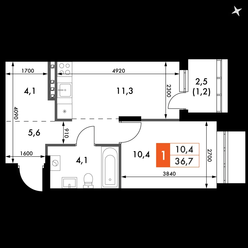1-комнатная, 36,7 м² — 5 387 193 ₽