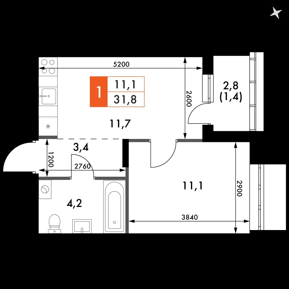 1-комнатная, 31,8 м² — 4 825 390 ₽