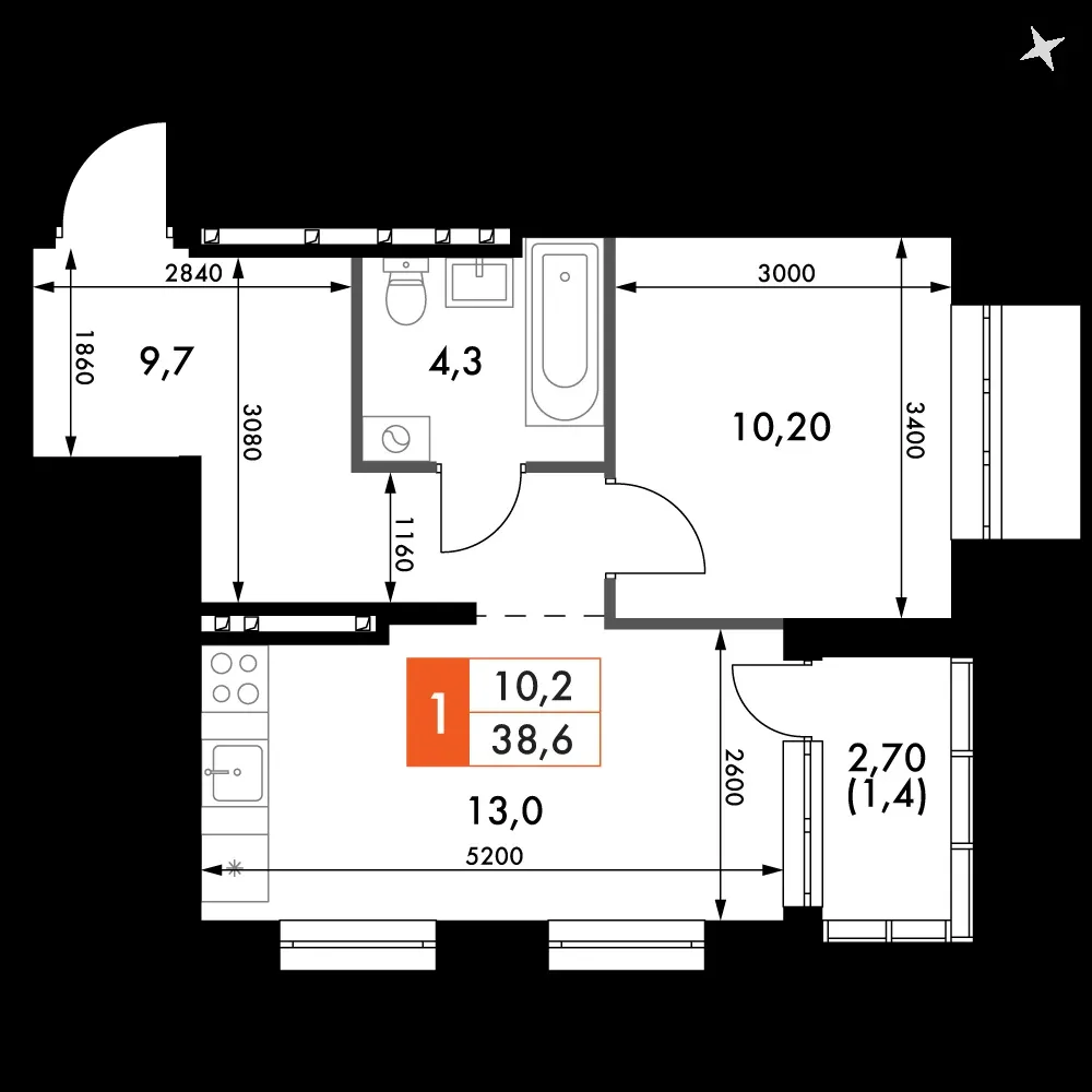 1-комнатная, 38,6 м² — 5 691 038 ₽
