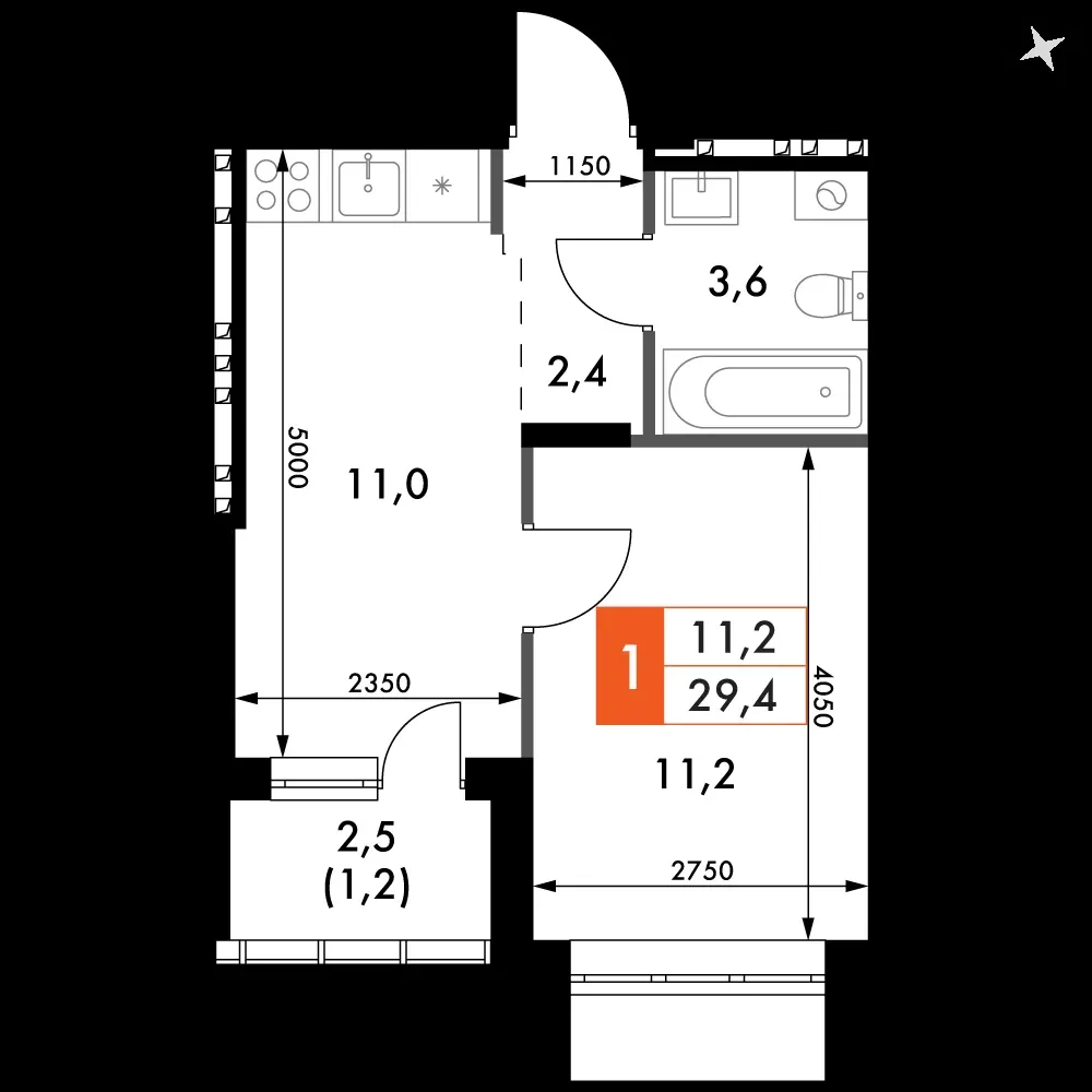 1-комнатная, 29,4 м² — 4 702 550 ₽