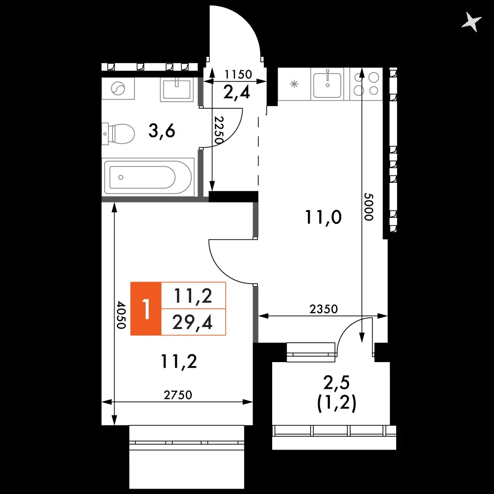 1-комнатная, 29,4 м² — 4 702 550 ₽
